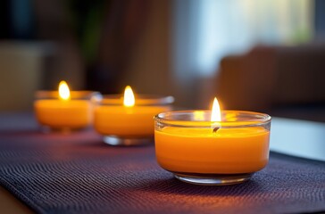 Warm and Inviting Flickering Candle Light in Transparent Glass Holders on a Cozy Home Interior Table with Soft Background Lighting