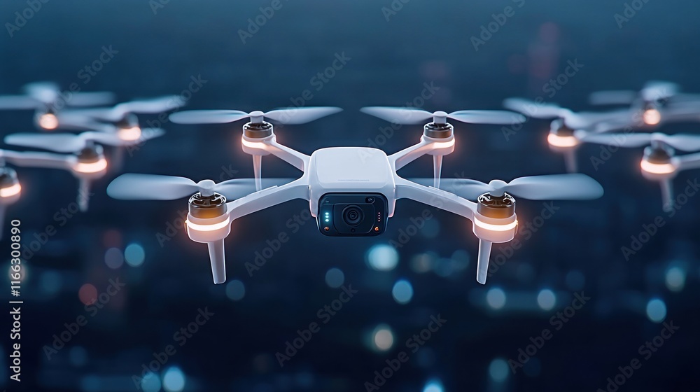 Aufkleber a close-up of a drone with illuminated propellers in flight.