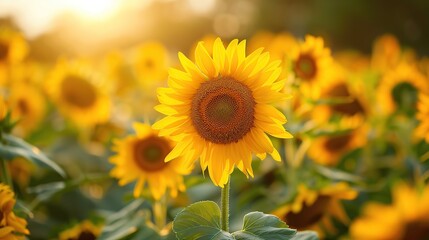 Fototapeta premium Beautifully Captured Vibrant Sunflowers Among Lush Green Fields on a Sunny Day