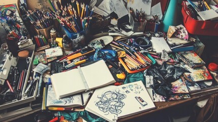 Obraz premium A cluttered artist's workspace filled with supplies.