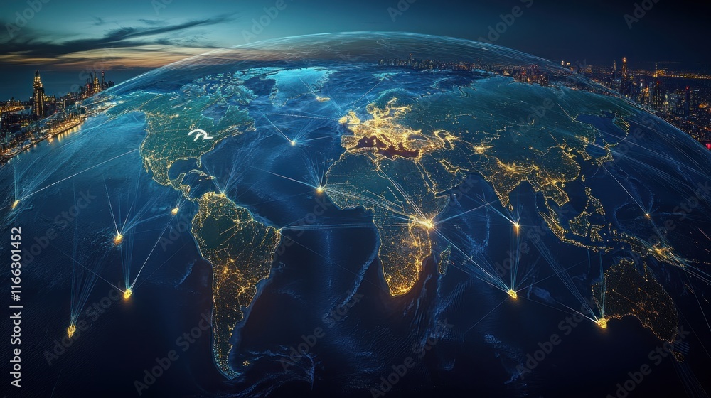 Poster global network visualization with illuminated cities.