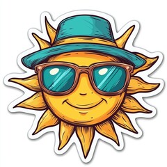 Naklejka premium Summer Sun Cartoon Illustration Wearing Hat and Sunglasses: A Vibrant and Cheerful Design