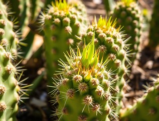 A detailed close-up of cactus pads with emerging green growth, illuminated by sunlight in a natural outdoor setting.