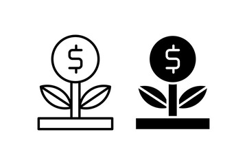 investment icon, with line style and black fill.Money plant illustrations growing from soil. Ideal for finance, investing, growthrelated designs like posters, banners, and social media graphics.