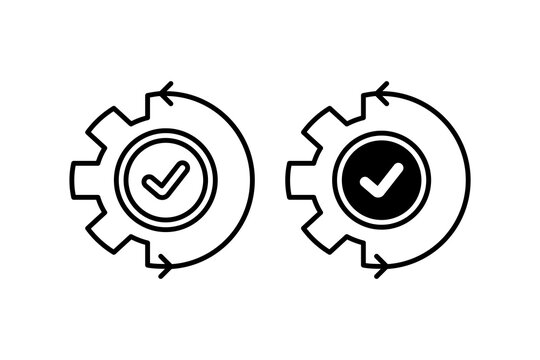 process icon, with line style and black fill. gears with checkmarks in circular arrows represent continuous process improvement; ideal for business and industrial concepts in presentations.