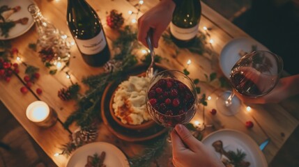A festive dinner setting with food, drinks, and decorations for a celebration.