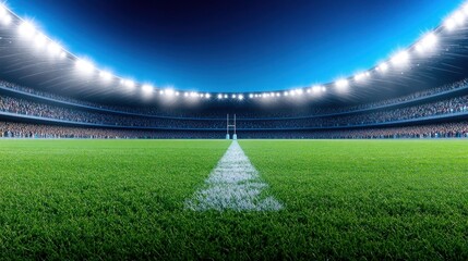 A vibrant rugby stadium under bright lights, ready for a match.