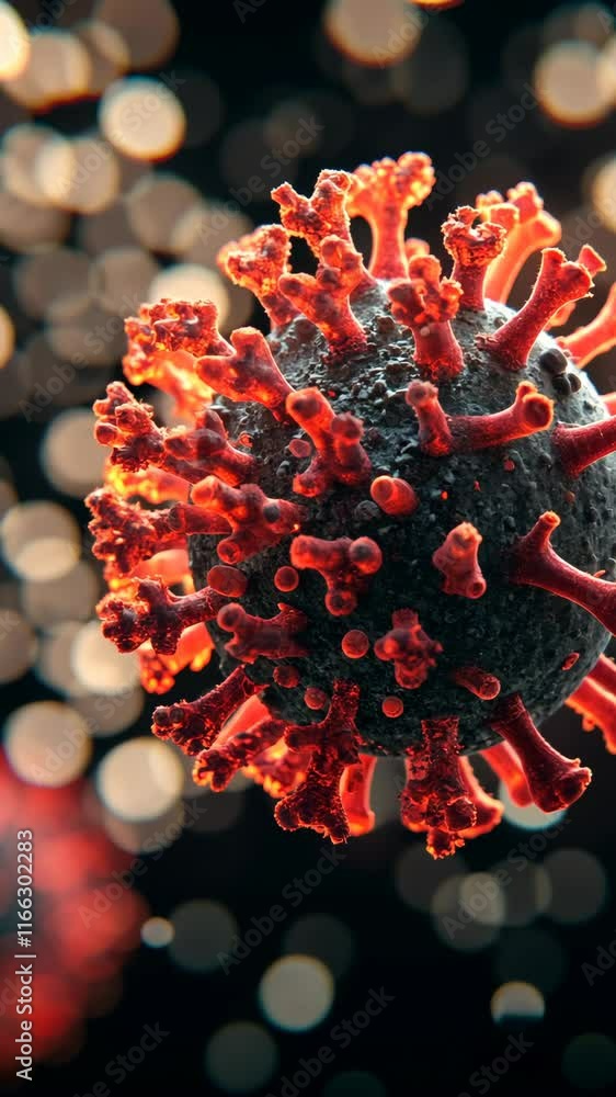 Poster close up view of a virus with colorful spikes, depicting its structure in a stylized representation