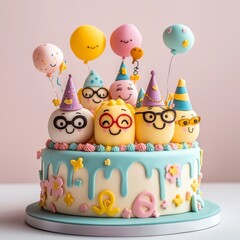 Obraz premium Adorable Cartoon Character Birthday Cake with Pastel Balloons