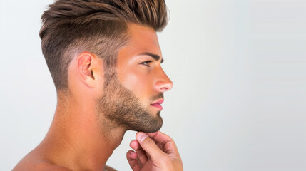 Obraz premium A striking portrait of a contemplative young man resting his chin on his hand, radiating charm and depth.