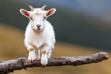 Cute white goat standing on a fallen log in the serene wilderness during golden hour