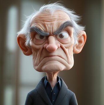 A Grumpy Old Man Portrait 3D Render,  Exaggerated Features,  Angry Expression,  Detailed Texture, Realistic Style