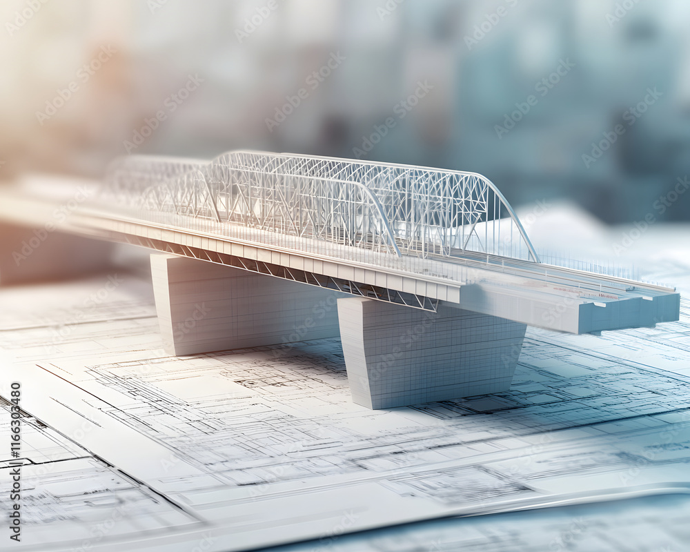 Poster wireframe bridge model on architectural blueprints