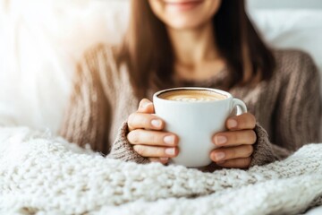 Cozy moments in a warm blanket with a steaming cup of coffee on a chilly morning indoors
