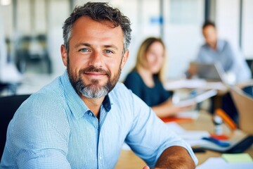 Smiling professional man in a modern office environment during a collaborative work session with colleagues