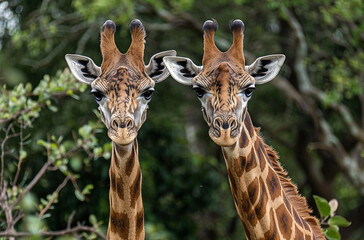 Obraz premium South African giraffes with close-up view and forest backdrop