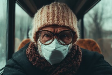 Elderly man in cozy attire gazing thoughtfully from a bus window on a chilly day