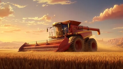 Fototapeta premium Dynamic Farming Scene with Combine Harvester at Sunset