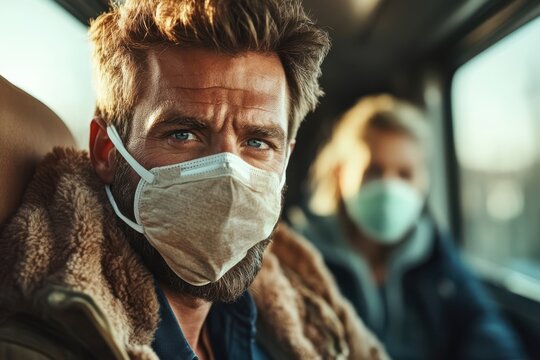 Man and woman wearing masks on a public transport journey during early morning, highlighting the challenges of modern travel