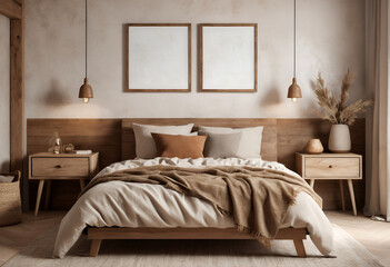 Cozy Beige and Wood Bedroom Interior with Blank Frames