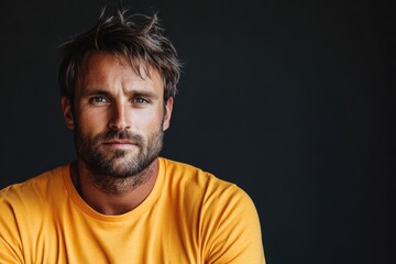 Fototapeta premium Captivating portrait of a man with striking features wearing a bright yellow shirt against a dark backdrop