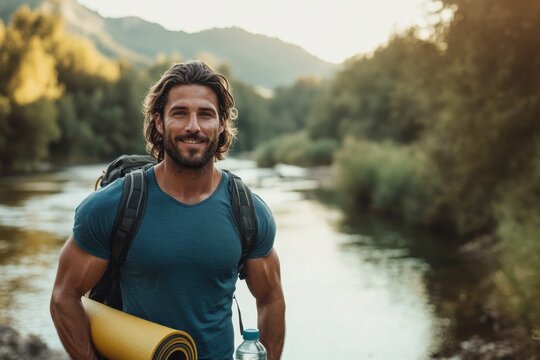 Adventurer enjoying a serene moment by the river after a rewarding hike in nature’s embrace