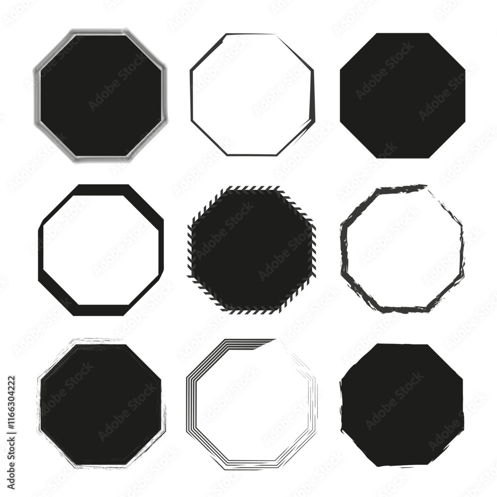 Poster abstract octagon frames. black and white shapes. geometric vector elements. modern decorative forms.