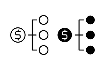 cost budget icon, with line style and black fill.diagrams show dollar signs branching intofilled circles, suitable for financial presentations, investment reports, and moneyrelated designs.