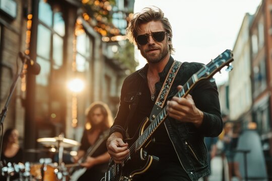 Energetic street performance captivates the audience in a vibrant urban setting during sunset