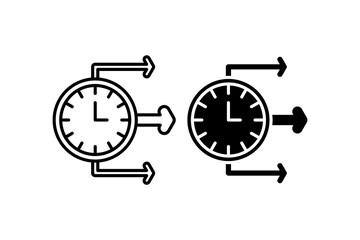 time management icon, with line style and black fill. clocks symbolize dual timelines, perfect for illustrating time concepts, business projects, or creative storytelling for presentations and designs