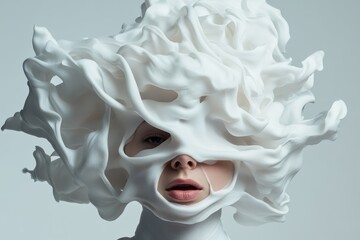 Naklejka premium Creating a surreal masterpiece with an ethereal figure adorned in intricate white foam, blending art and fashion in a striking portrayal