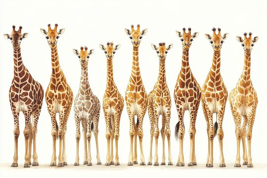 A lineup of eight giraffes standing in a row against a light background.