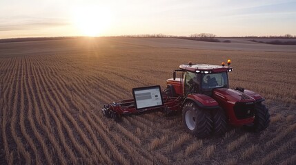 Obraz premium Farmer Adjusting Tractor Settings with Tablet in Field