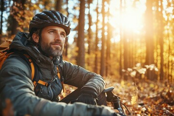 Adventurous cyclist enjoying a moment of tranquility in the golden light of autumn woods