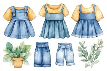 A collection of watercolor clothing designs and potted plants.