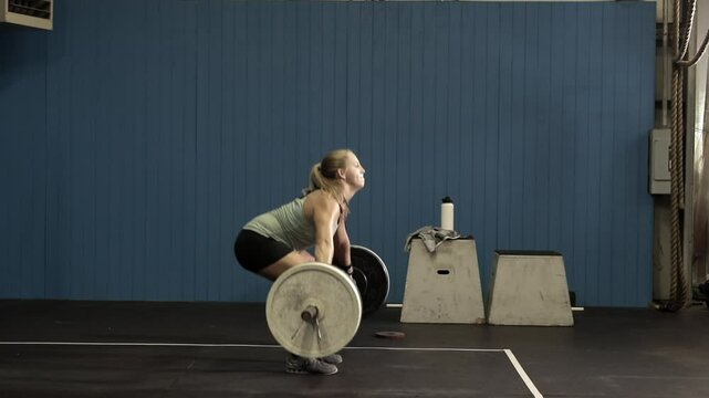 Side view of determined female power lifter lifting heavy weights over her head, then throwing them back down, slow motion shot.