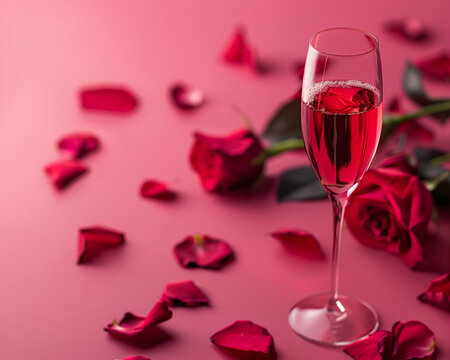 Romantic Glass of Red Wine Surrounded by Rose Petals on a Red Background, Perfect for Valentine's Day Celebrations and Romantic Dinners