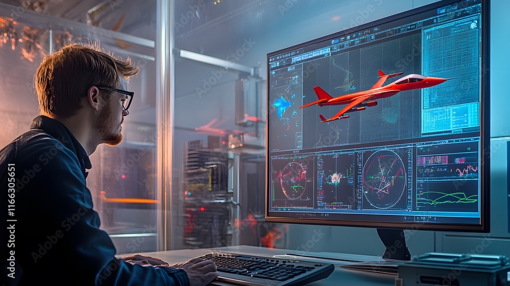 Aufkleber a focused engineer works on a computer, analyzing flight data and a 3d model of a red aircraft. the 