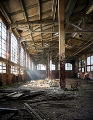 廃墟になった古い工場の室内。（Inside an old abandoned factory.）

