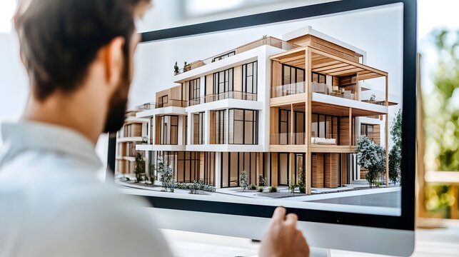Architect reviewing a 3D model of a modern apartment building on a computer screen. The design features a blend of white and wood, creating a contemporary aesthetic.