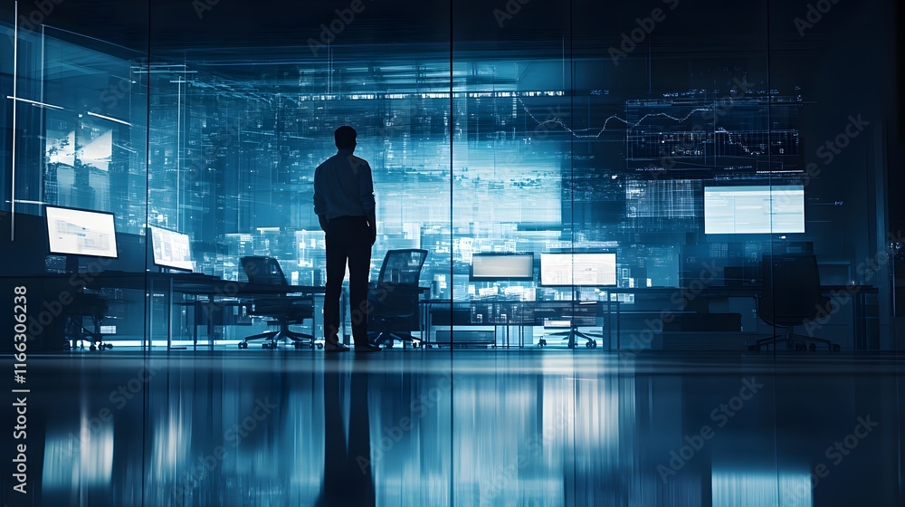 Aufkleber silhouetted businessman stands in a modern office, gazing at a large screen displaying complex data 