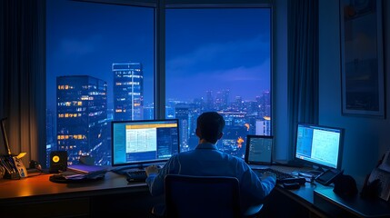 A programmer works late at night in a modern office overlooking a vibrant cityscape. Multiple monitors display lines of code, showcasing a busy work environment with a stunning night view.