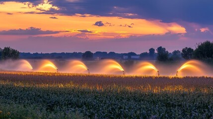 Obraz premium Soft Lighting on Farmland Irrigation System at Dusk