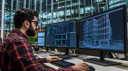 A focused architect or programmer works late at night, utilizing dual monitors displaying intricate building schematics and code.  The modern office setting reflects a late-night work session.