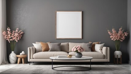 modern living room, beige sofa with marble coffee table and flower vase on Charcoal background