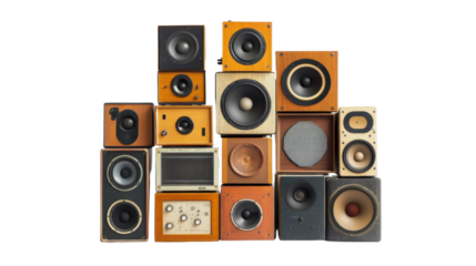 Pile of vintage speakers transparent background