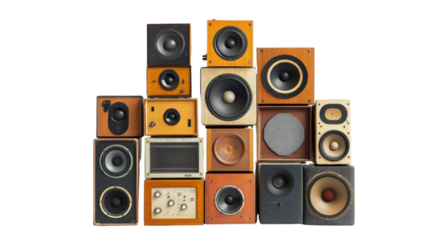 Pile of vintage speakers transparent background