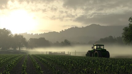 Naklejka premium Tractor in Serene Farmland at Sunrise with Soft Light
