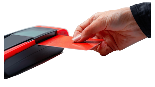 Hand hold bank card near pay terminal isolated on white background . Contactless payment, paypass.