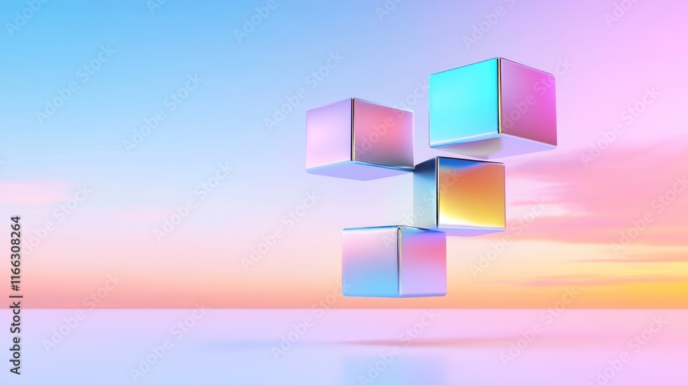 Aufkleber abstract floating cubes in a colorful gradient background.